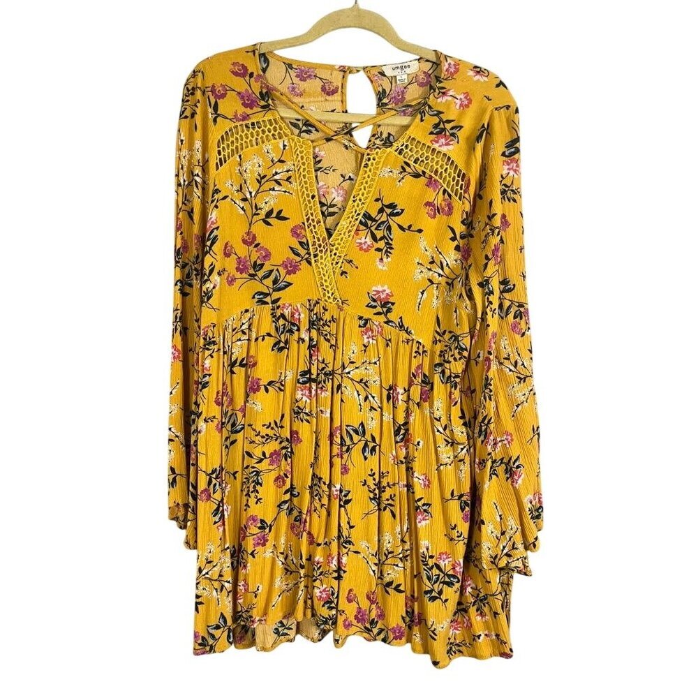 Umgee Floral Crinkle Top Yellow L Crochet Boho Indie Folk Feminine Coquette Chic